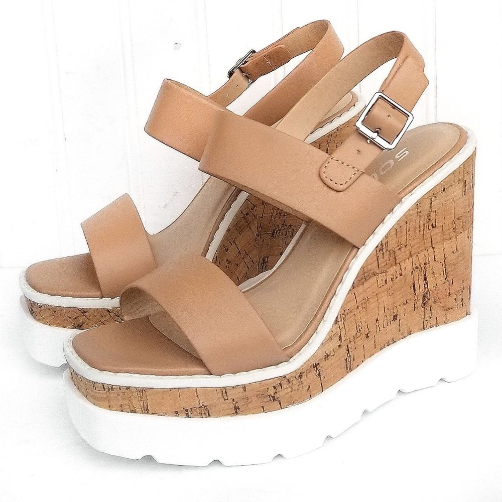 Wedge Cork Platform Sandals in Tan